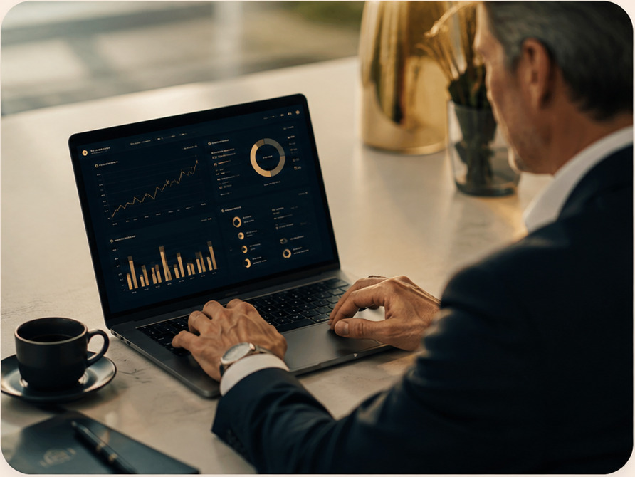 FINEST Planner dashboard on a laptop with gold accents
