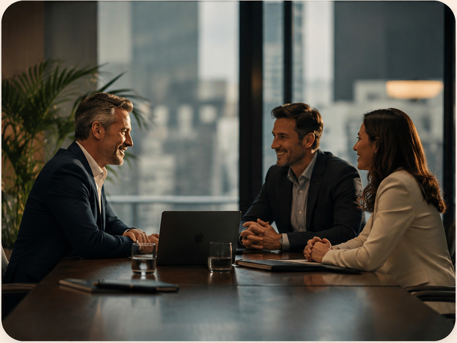Adviser meeting with clients in a premium London office