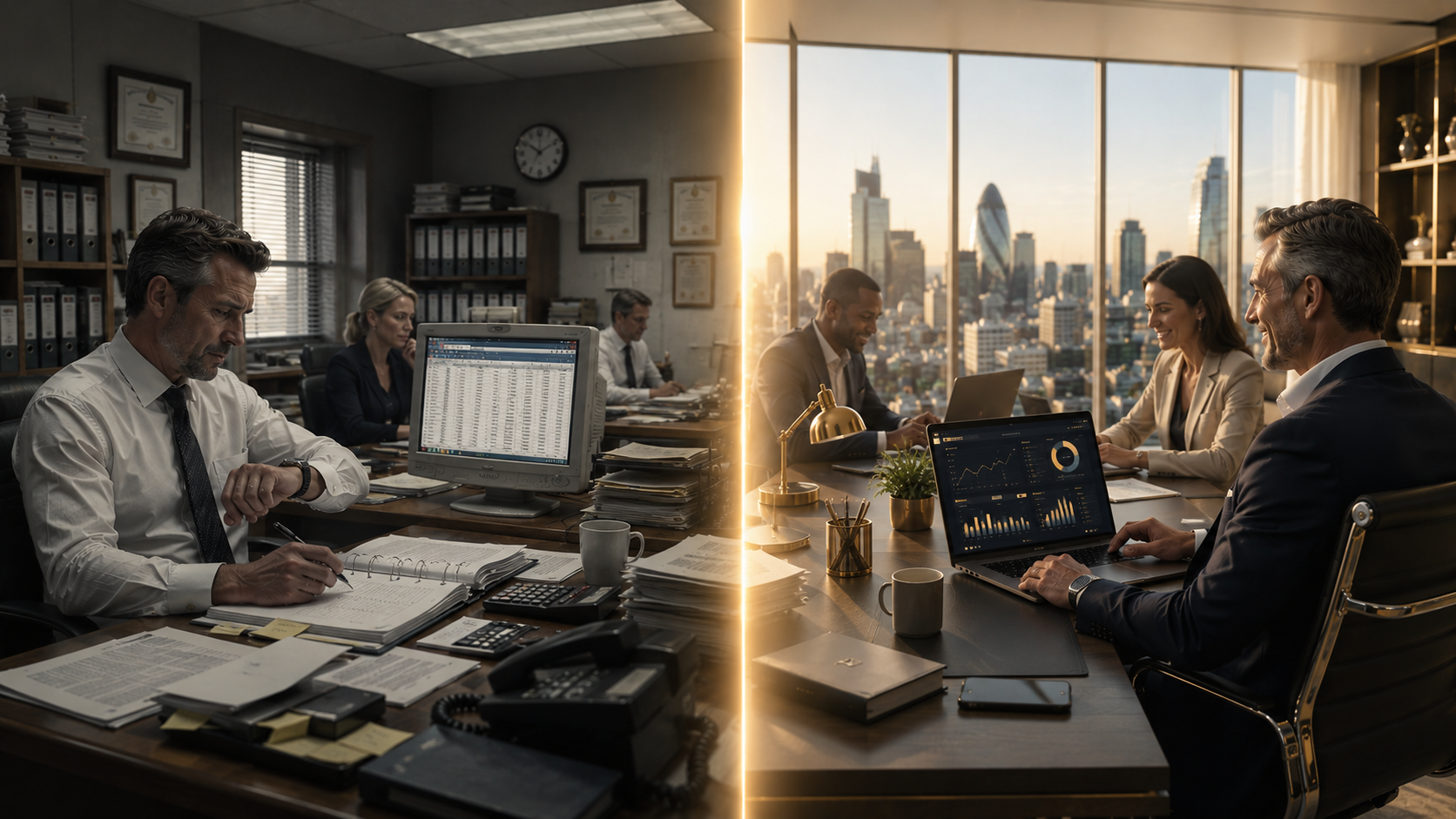 A side-by-side comparison of a traditional professional practice with paper files and an old monitor next to a modern collaborative office with London's skyline in view.